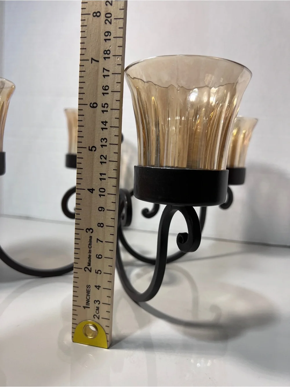 4 Arm Amber Glass Votive Candle Holder Scroll Metal Candelabra Tuscan Decor